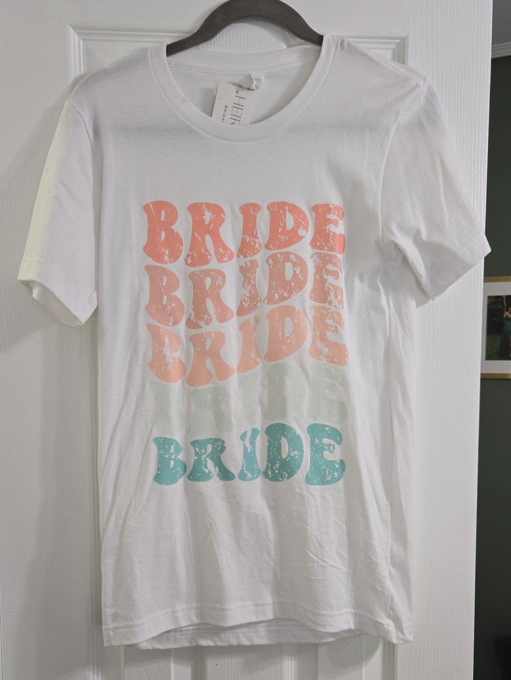 Women’s White 'Bride' Short Sleeve Tee with Coral and Teal Print